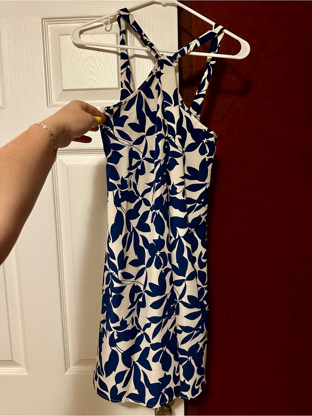 SHEIN White & Navy Leaf-Print Dress